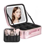 Emdelifo Travel Makeup Bag with LED Mirror, Cosmetic Bags for Women with Light up Mirror, Travel Essentials Makeup Organizer, Makeup Case with Adjustable Dividers and Brush Holder, 3 Color Lights