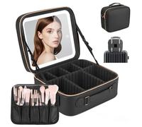 Emdelifo Travel Makeup Bag with LED Mirror, Cosmetic Bags for Women with Light up Mirror, Travel Essentials Makeup Organizer, Makeup Case with Adjustable Dividers and Brush Holder, 3 Color Lights