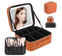 Emdelifo Travel Makeup Bag with LED Mirror, Cosmetic Bags for Women with Light up Mirror, Travel Essentials Makeup Organizer, Makeup Case with Adjustable Dividers and Brush Holder, 3 Color Lights