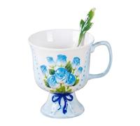 Emdmaltrix Hand - Painted Rose Bouquet Bone China Mug with Ceramic Spoon, Heat Resistant Elegant Tea/Coffee Cup for Morning Ritual, Home Office Décor (Floral Design)(Blue)