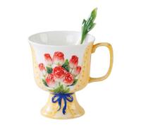 Emdmaltrix Hand - Painted Rose Bouquet Bone China Mug with Ceramic Spoon, Heat Resistant Elegant Tea/Coffee Cup for Morning Ritual, Home Office Décor (Floral Design)(Yellow)