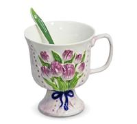 Emdmaltrix Hand - Painted Rose Bouquet Bone China Mug with Ceramic Spoon, Heat Resistant Elegant Tea/Coffee Cup for Morning Ritual, Home Office Décor (Floral Design)(Purple)