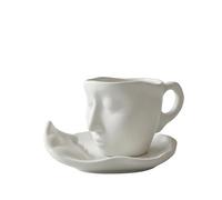 Emdmaltrix Handcrafted Face-Relief Ceramic Coffee Cup & Saucer Set with Gold Spoon, 260ml, Blue, for Espresso, Latte, Tea, Gifts for Her/Him, Home Decor The Romantic Art of Sip(White)