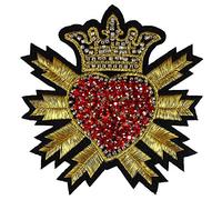 EMDOMO 2pieces Beaded Crystal Red Diamond Heart Crown Patches Gold Badge Embroidery Applique Sew on Embossed Clothes Craft Sewing TH756