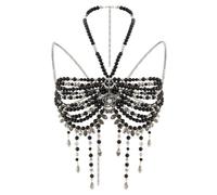EMDOMO Multi Layered Luxury Black Beaded Body Chain, Mermaid Costume Bra Rave/Festival/Burlesque Top for Woman Bikini Beach (BB117 1piece)