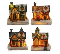 Emdvsco Creative Christmas Village Miniature Houses 4X Indoor Room Collectible Buildings LED Lighted Resin Craft Collection Indoor Home Kitchen Room Decorations