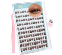 EMEDA 14mm Brown Pre-Glued Self-Adhesive Cluster Lashes: No Glue Needed Eyelash Extensions in Natural Wispy D Curl with Clear Invisible Band for Volume and Easy Application