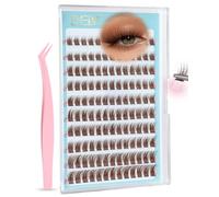EMEDA 14mm Brown Pre-Glued Self-Adhesive Cluster Lashes: No Glue Needed Eyelash Extensions, Natural Wispy D Curl Press on Lashes, Clear Invisible Band for Volume and Easy Application