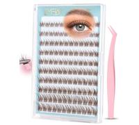 EMEDA 8mm Short Brown Pre-Glued Self-Adhesive Cluster Lashes: No Glue Needed Eyelash Extensions, Natural Wispy D Curl Press on Lashes, Clear Invisible Band for Volume and Easy Application