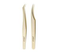 EMEDA Professional Golden Precision Lash Extension Tweezers - 2 Pcs Individual Eyelash Tweezers Set for 3D 5D 6D Volume Lash Extensions