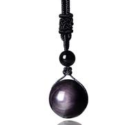 eMeition Obsidian Necklace, Rainbow Obsidian Necklace Men Women Couple Black Real Raw Natural Stone Pendant Talisman 14mm/16mm/18mm/20mm with Lucky Rope (Inches, 5.7)