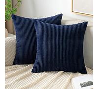 EMEMA Cushion Covers Corduroy Square Throw Pillow Covers Striped Soft Sham Home for Sofa Couch Bedroom Decorative Pillowcases 16x16 Inch 40x40cm Set of 2 Navy-blue