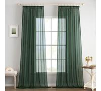 EMEMA Set of 2 Sheer Voile Curtains with Ruffle Tape, Transparent Voile, Polyester, Transparent, Living Room, Airy Decorative Curtain for Bedroom, 140 x 260 cm (W x H), Dark Green