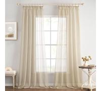 EMEMA Voile Curtains with Ruffles Transparent Polyester Voile Curtains with Eyelets, Set of 2, Living Room Decorative Scarf for Bedroom, 140 x 245 cm, Light Khaki