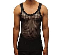 Ementu Mens Premium 100% Cotton Fitted String Vest Fishnet Tank Top Black