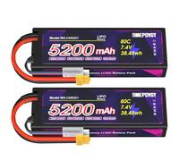 EMEPOVGY 7.4V Lipo Battery 2S 5200mAh 80C Lipos Hard Case with XT60 Connector for RC Car Trucks 1/8 1/10 RC Vehicles(2 Packs)