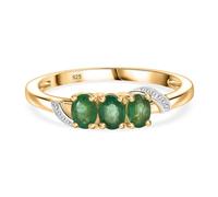 Emerald 3 Stone Trilogy Ring in 18K Yellow Gold Plated 925 Sterling Silver - Oval-Cut Emerald Band with Milgrain Detailing - Classic Past-Present-Future Emerald Ring for Women - Size T