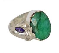 Emerald & Amethyst Triangle Ring - 925 Sterling Silver Bezel Set 18x14mm & 6x3mm Blue Cabochon Stones, Designer Gemstone Ring for Women 61 (19.4)