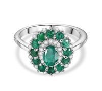 Emerald and White Zircon Halo Ring for Women in Rhodium Plated Sterling Silver 1.50 Ct - Oval Emerald Cluster Statement Ring - Size R
