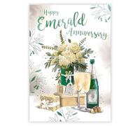 Emerald Anniversary Card - 55th - 55 Years - Champagne and Flowers - Special Finish and Illustrated Insert Leaf - Made in the UK