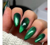 Emerald Chrome Almond Press on Nails with Iridescent Shimmer - 24PCS Glossy Color-Shifting Green False Nails, Long Tips with Acrylic-Like Finish for Trendy Daily or Night Out Looks