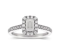 Emerald Cut 0.90ct Halo Diamond Ring In 18ct White Gold - Ring Size P
