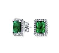 Emerald Cut Green Cubic Zirconia Simulated Emerald CZ Halo Stud Earring For Women Rhodium Sterling Silver