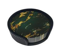 Emerald Deep Green Earth Tones Gold Marble,Set of 6 Round Coasters, Pu Leather Drinks Coasters with Holder for Home Office Kitchen