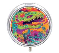 Emerald Dinosaur Lines Pill Box 3 Compartment Travel Pill Organizer 3 Times A Day Cute Mini Pill Case for Purse & Pocket Portable Metal Medicine Box with Mirror Round Daily Medicine Vitamin Container