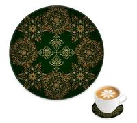 Emerald Gold Damask Floral Anti-Scratch Teacup Coaster 2 Pack, Ornate Floral Scroll Round Coasters for Garden Tables, Garden Cups Mat Coffee Bar Decoration, Gift for Family Granny, 4 Inch