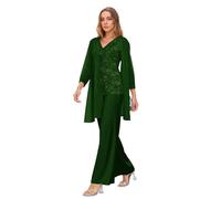 Emerald Green 3 Pieces Mother of The Bride Pant Suits with Jacket - Women Chiffon Lace Applique Formal Evening Party Cocktail Prom Wedding Grandmother of Groom Outfit Size UK16
