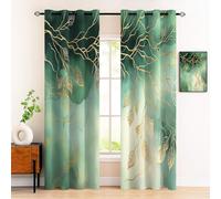Emerald Green 3D Thermal Blackout Curtains 140x260 cm, Gold Leaf Marble Design, Insulating Drapes with Grommets for Living Room Window Decoration