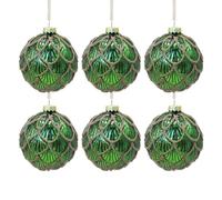 Emerald Green Christmas Baubles - Set of 6 Luxury Glass Xmas Tree Decorations with Gold Textured 3D Scallop Detail - Elegant Hanging Ornaments for Wreaths, Garlands & Festive Home Décor - 8cm