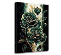Emerald Green Flower Wall Art Gold Emerald Rose Wall Decor Modern Floral Canvas Print Painting Picture Artwork for Bedroom Bathroom Home Decor,Framed