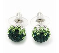 Emerald Green/Grass Green/Clear Diamante Ball Stud Earrings In Silver Plated Finish -10mm Diameter