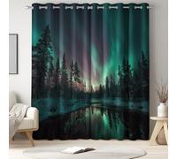 Emerald Green Kids Bedroom Curtains, Blackout Curtains, Thermal Curtains, Eyelet Curtains, Landscape, Aurora Forest, Light Blocking, 29.5" x 65", Noise Reducing, Privacy