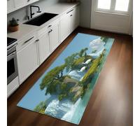 Emerald Green Kitchen Rug Waterfall and Red-crowned Crane Non-Slip Washable Runner 60 x 180 cm Kitchen Floor Mat for Kitchen, Laundry, Hallway, Dining Room, Entryway, Door Mat