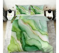 Emerald Green Marble Duvet Cover King, Abstract Watercolor Marble Bedding Bed Set, Gold Natural Fluid Flow Texture Quilt Covers 230X220cm with Zipper & Ties, 2 Pillowcases