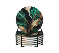 Emerald Green Marble,Round Ceramic Coasters, Mugs Pad, Cups Mat Set of 6 Drinks Coasters With Holder