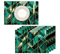 Emerald Green Marble Table Fabric Placemats Set of 6, Durable Machine Washable Reusable Modern Abstract Cotton Linen Non-Slip Table mats for Party Holiday Decor and Everyday Use (45x30cm, Green)