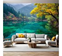 Emerald Green Panoramic Mural Wallpaper 390 x 260 cm Lake and Mountain Scenery Wall Mural Non-Woven Art Print Wallpaper Living Room Bedroom Sofa TV Backdrop Decoration Poster Picture Photo