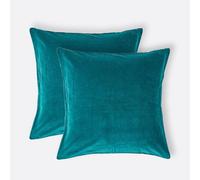 HOMESCAPES Set of 2 Emerald Teal Green Velvet Cushion Covers Super Soft Cotton Velvet Square Scatter Cushions Dark Green Plain Accent Pair of Throw Pillows for Sofa and Bed Decoration, 40x40 cm