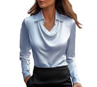 Emerald Green top Women, Women's Silk Satin Shirt Cowl Neck Ruched Front Draped Top Fitted Long Sleeve Collar Blouses for Women UK Elegant Smart Formal Office Work Wear 06-Blue 18
