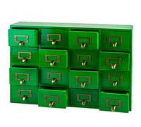 Emerald Green Wood 16-Drawer Apothecary Small Cabinet - 20" x3.6”x14” Card Catalog Style Table Top Organizer - Wooden Storage Box w/16 Drawers - 4-Level Countertop Organizer w/Label Holders & Handles