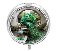 Emerald Peacock Bloom Pill Box Travel Pill Organizer 3-Compartment with Mirror Design Portable Round Medicine Case for Vitamins, Jewelry & Essentials Durable Pocket Pillcase for Purse, Camping