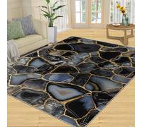 Emerald Teal Wave Area Rug - Fluid Marble Art Design with Gold Edges, Elegant Teal Abstract Texture, Luxury Contemporary Living Room Carpet-60 * 90CM