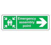Emergency Assembly Point arrow right - safety sign - 1.2mm Rigid plastic for indoor/outdoor usage (600mm x 200mm) Viewing Distance within 14m.