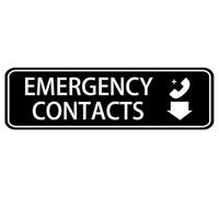 Emergency Contacts Down Arrow Acrylic Sign For Office Door Wall Home And Business, Easy To Mount Informative Plastic Sign With Symbols 10" X 3"