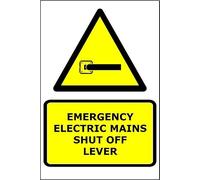 Emergency Electric Mains Shut Off Lever | 40cm x 30cm | Red/White - PVC Plastic Sign for Industrial Sites, Factories, Electrical Panels, Workplace Safety | UK-Made with Renewable Energy