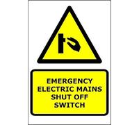 Emergency Electric Mains Shut Off Switch | 30cm x 20cm | Red/White - Foamalux PVC Plastic Sign for Industrial Sites, Factories, Electrical Panels, Workplace Safety | UK-Made with Renewable Energy